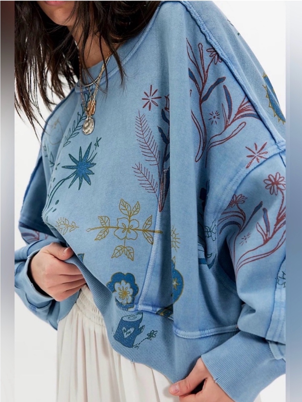NWT Free People Gaia Floral bird blue Women's oversized Sweater sweatshirt crop